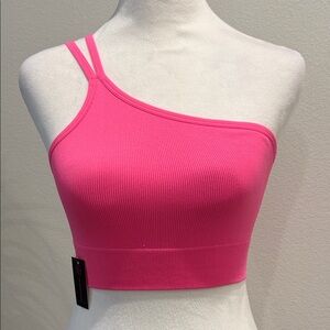 No Boundaries One Shoulder Strap Workout Sports Tank Top Cropped Ribbed Pink